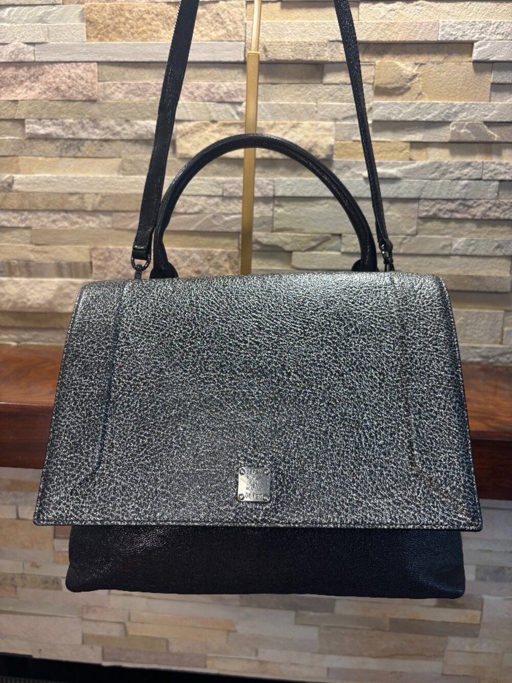 Authentic MCM Bicolor Medium Double Flap Top Handle Shoulder Bag Silver Black